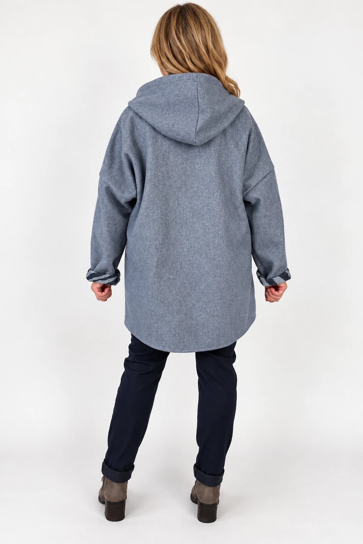 Double Pocket Zipped Contrast Animal Print Lined Valentina Brushed Hooded Coat - Denim