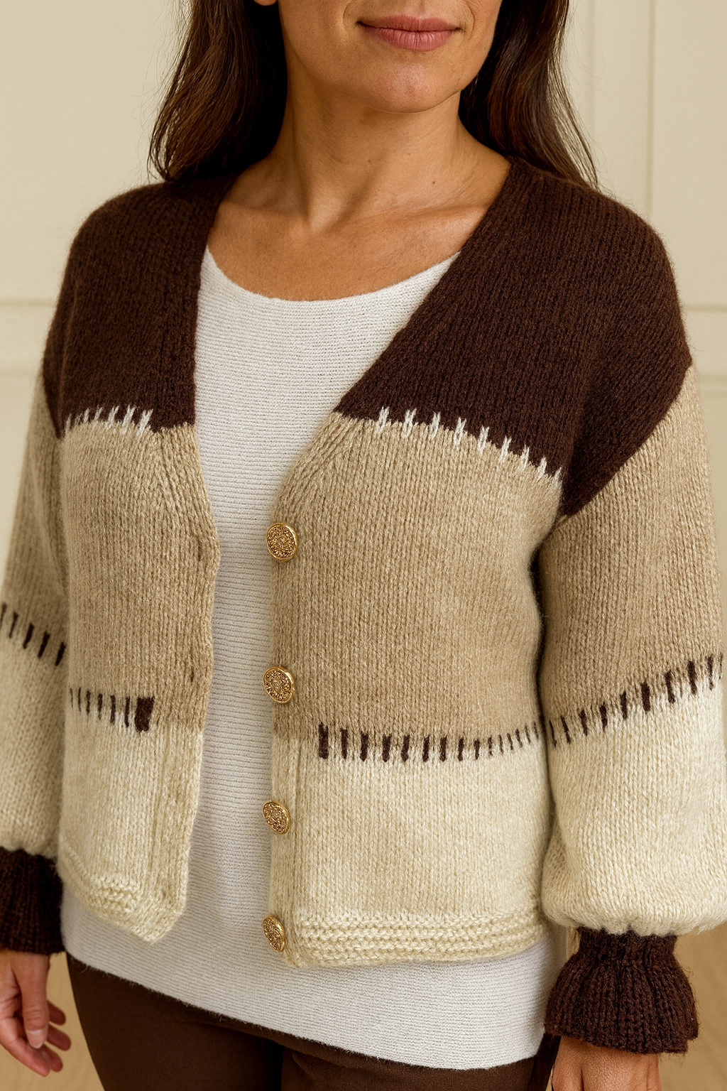 Premium Knit Gold Button Vitala Cardigan - Chocolate/Beige/Cream