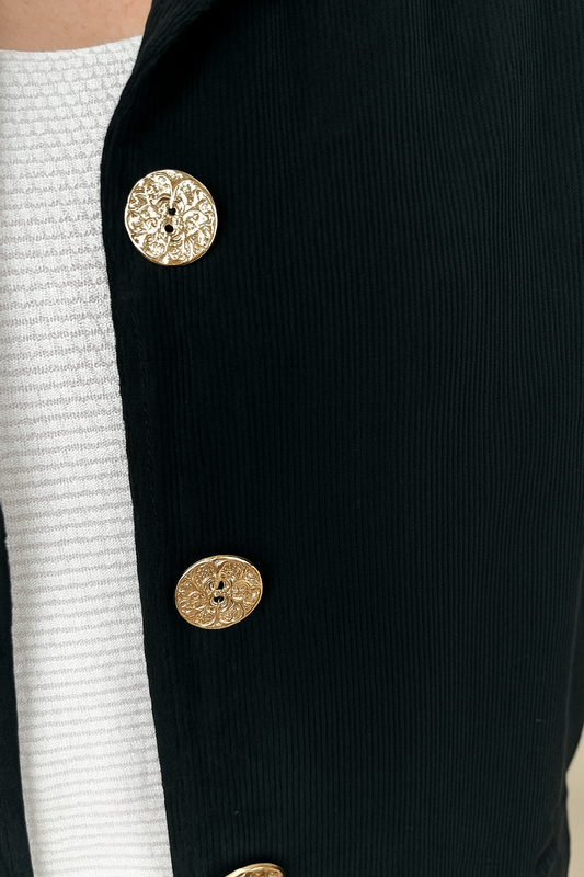 Pure Cotton Needlecord Gold Button Faux Side Pocket Felicity Jacket - Black