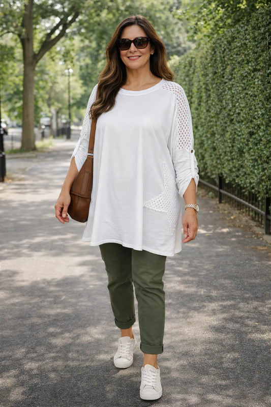 Cotton Crochet Detail Charmaine Button Sleeve Top - White