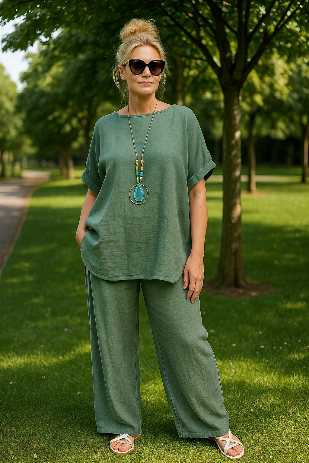 Pure Cotton Crochet Back Detail Palmavira Necklace Top - Khaki