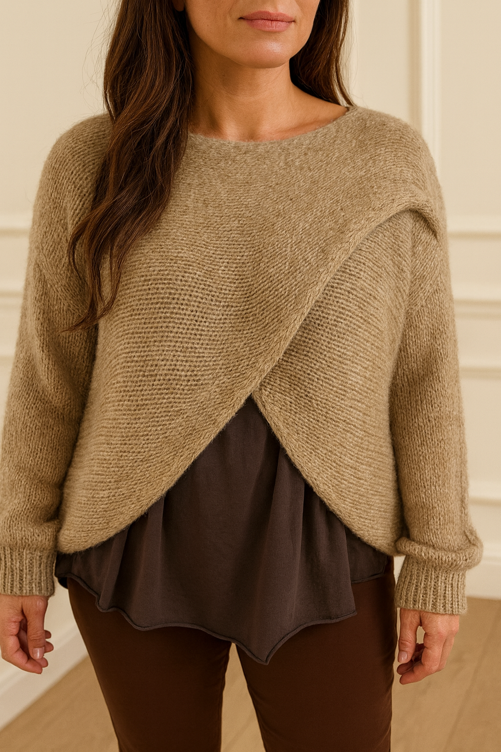 Wool Mix Vivian Wrap Jumper - Mocha