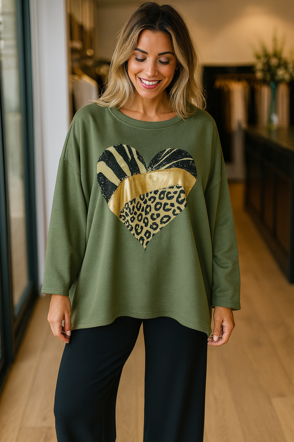 Metallic Animal Print Heart Varsia Sweatshirt - Khaki