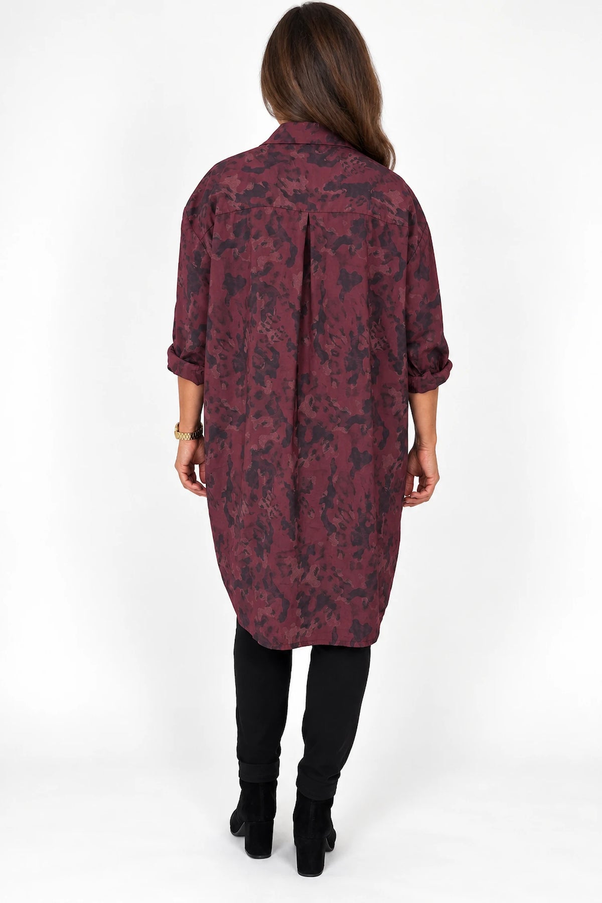 Button Sleeve Cassia Leopard Button Shirt - Wine