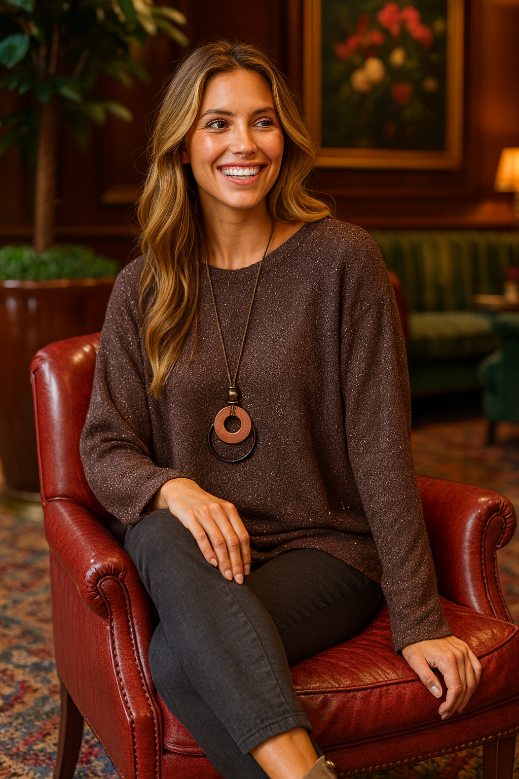 Wool Mix Sparkle Knit Venice Necklace Top - Chocolate