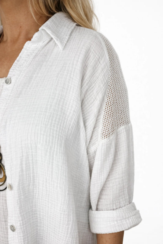 Pure Bubble Cotton Mesh Sleeve/Back Detail Celeste Button Shirt - White