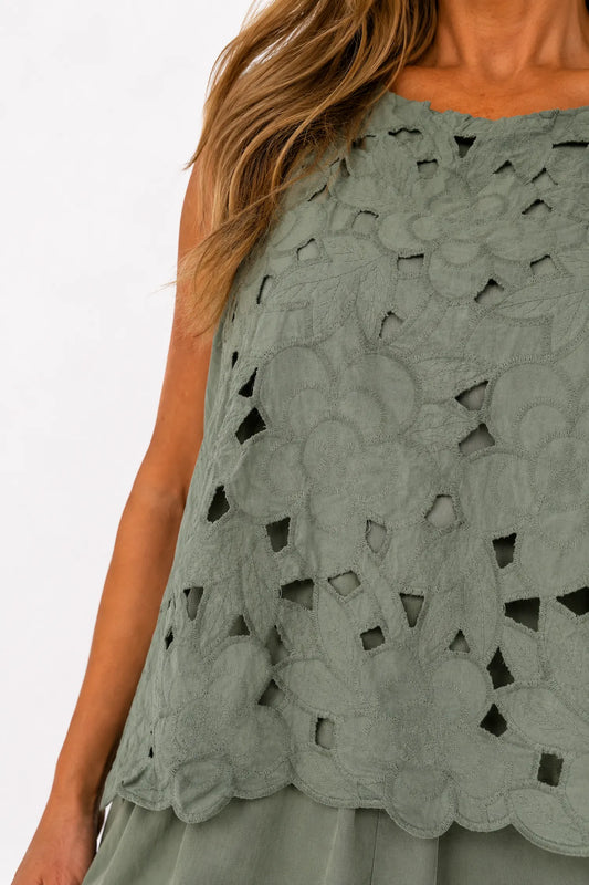Pure Cotton Fully Lined Embroidery Anglaise Missi Vest - Khaki