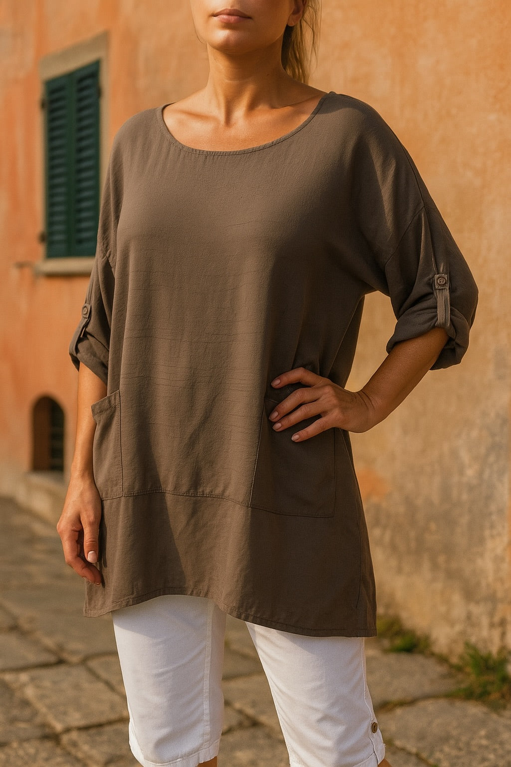 Double Pocket Cotton Three Quarter Button Sleeve Collette Top - Chocolate