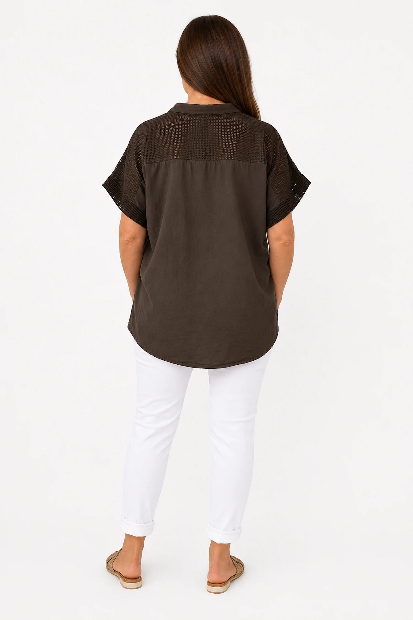 Pure Cotton Embroidered Floral Detail Mesh Sleeve/Back Lucia Shirt - Chocolate