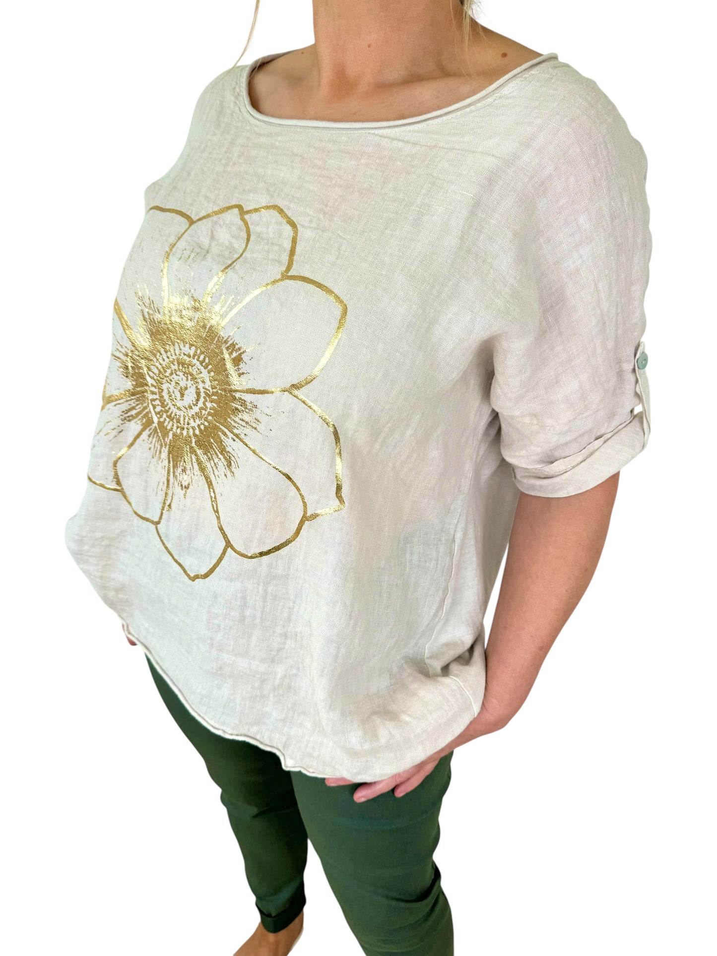 Linen Cotton Mix Button Sleeve Gold Flower Angelica Top - Beige