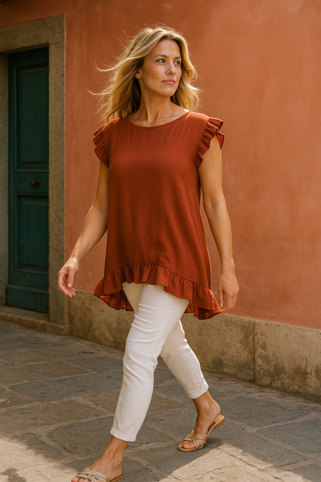 Button Back Frill Detail Ella Top - Spice Terracotta