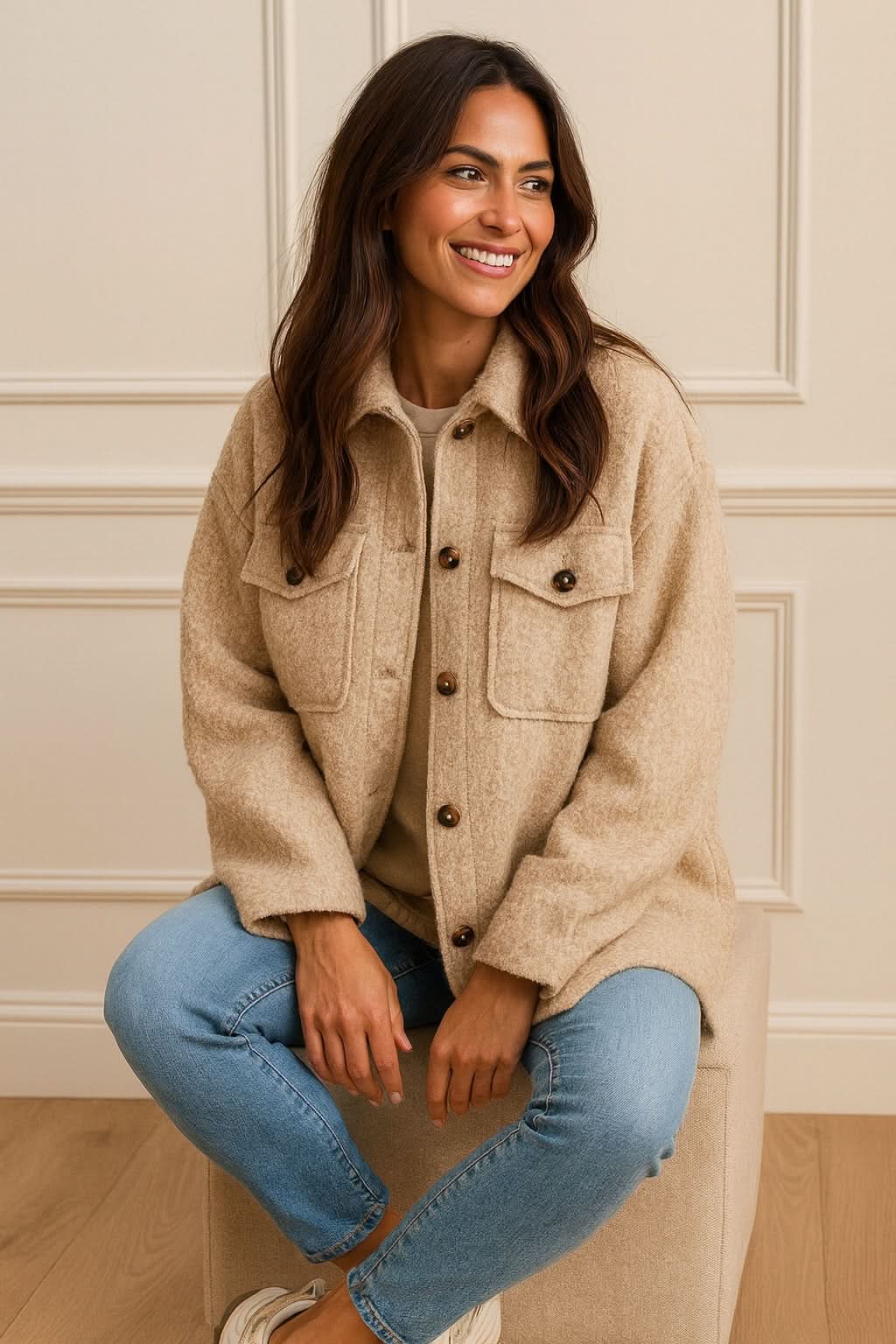 Double Flat Button Pocket Faro Jacket - Beige