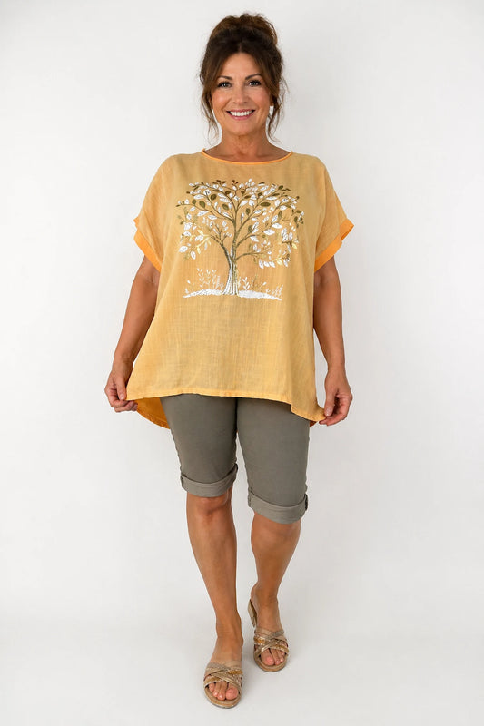 Linen Cotton Mix Diamanté Golden Leaf Carletta Top - Citrus Orange