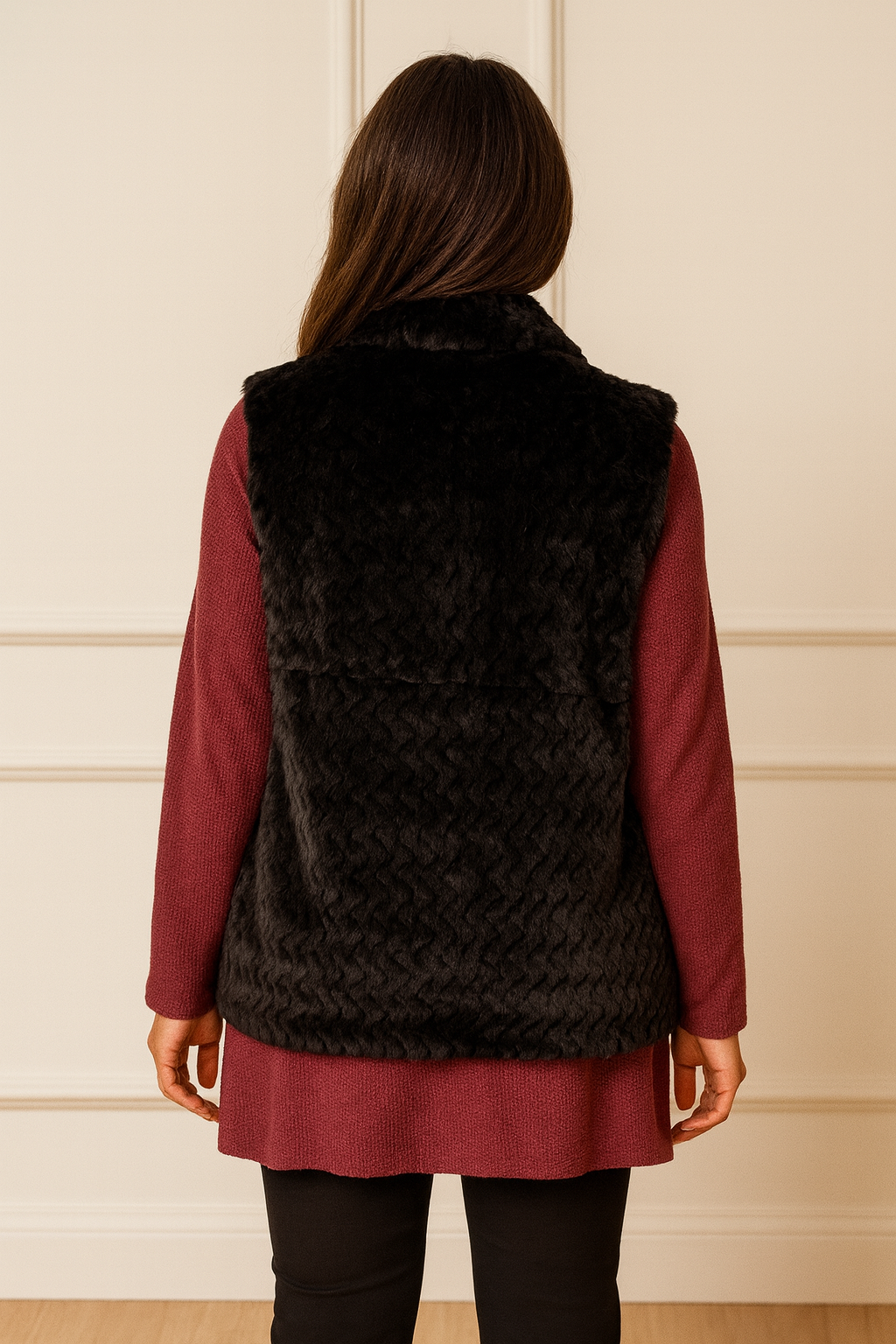 Faux Fur Double Pocket Paris Gillet - Black