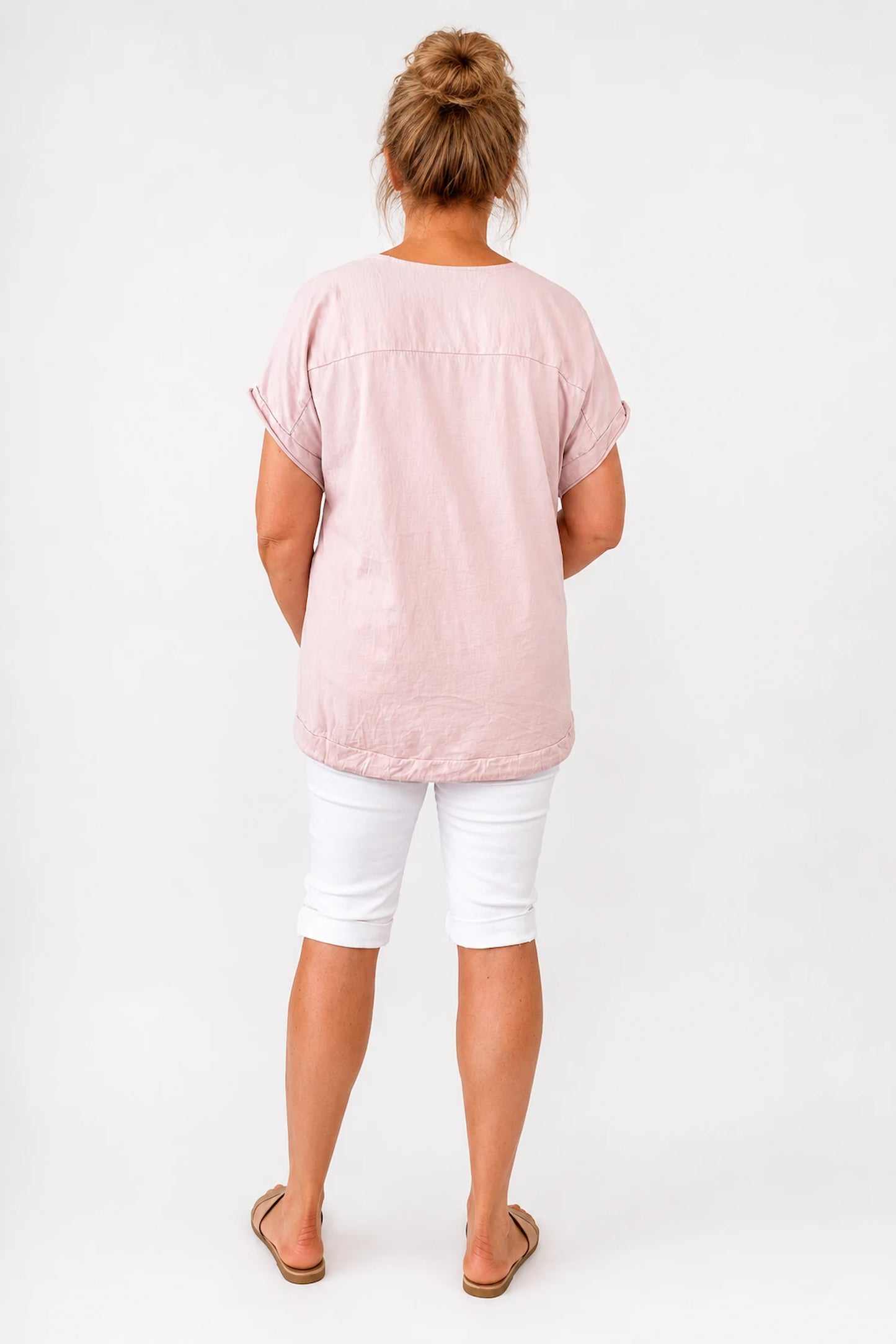 Cotton Drawstring Hem Embroidered Floral Marella Top - Sunwashed Pink