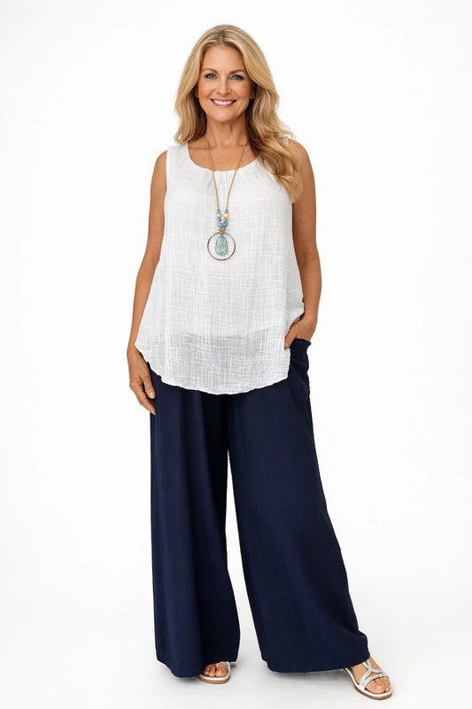 Elasticated Smocked Waist Patch Pocket Milan Wide Leg Pants - Navy