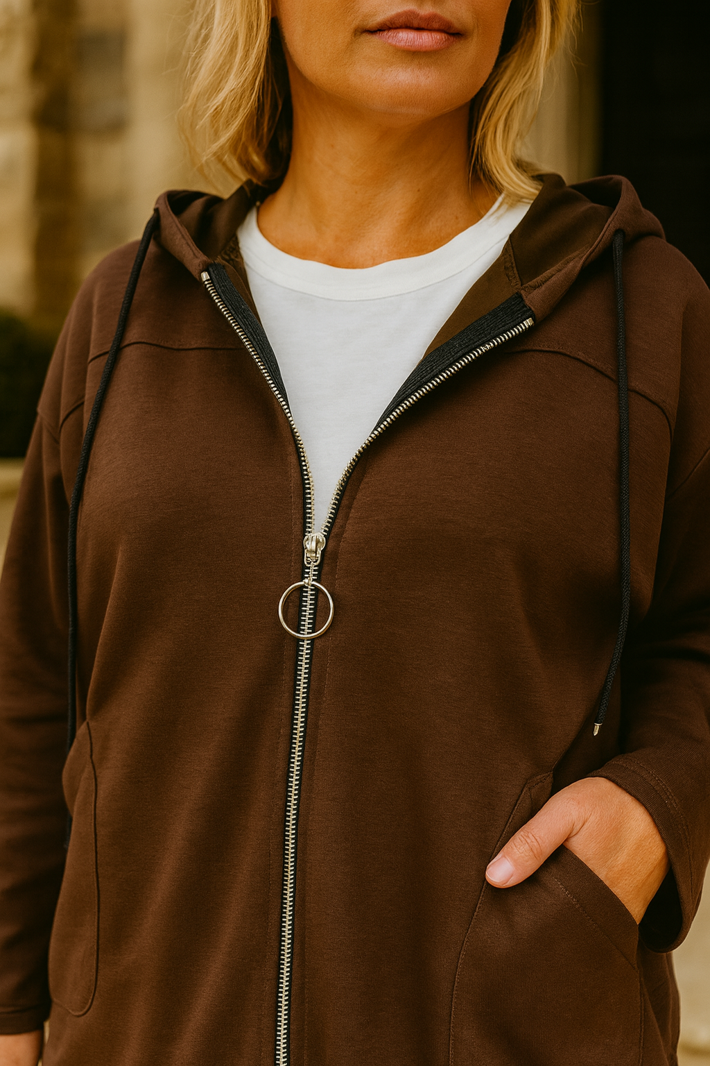 Double Pocket Tie Bottom Detail Zipped Hooded Madeleine Jacket - Chocolate