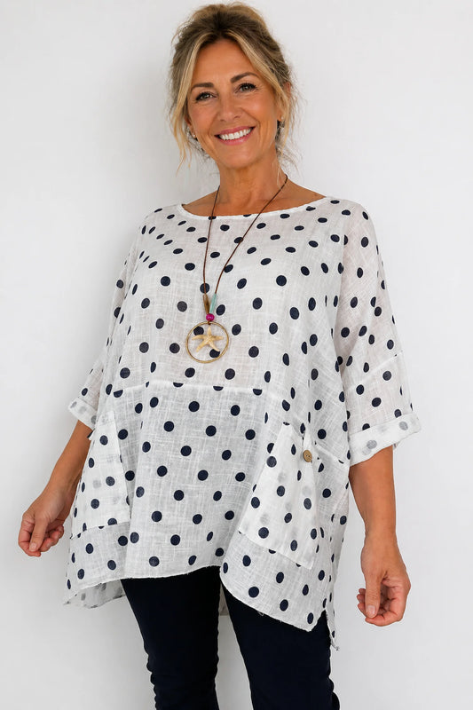 Pure Cotton Double Button Pocket Calista Polka Dot Necklace Top - Santorini White