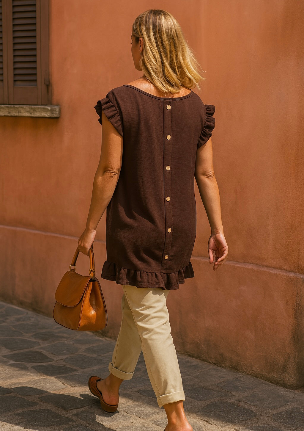 Button Back Frill Detail Ella Top - Chocolate