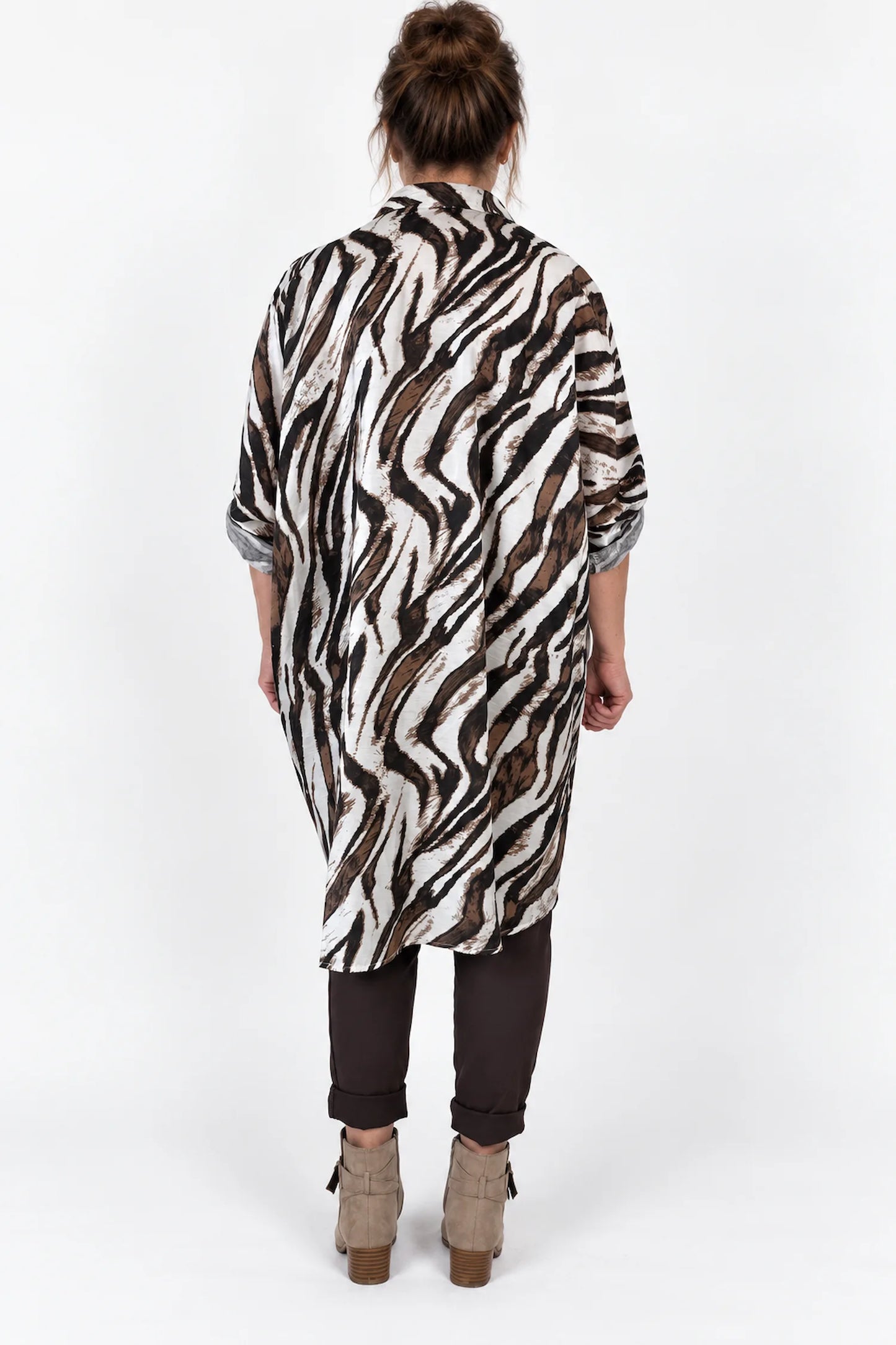 Pure Cotton Shimmer Finish Button Sleeve Viana Zebra Longline Button Shirt - Zebra