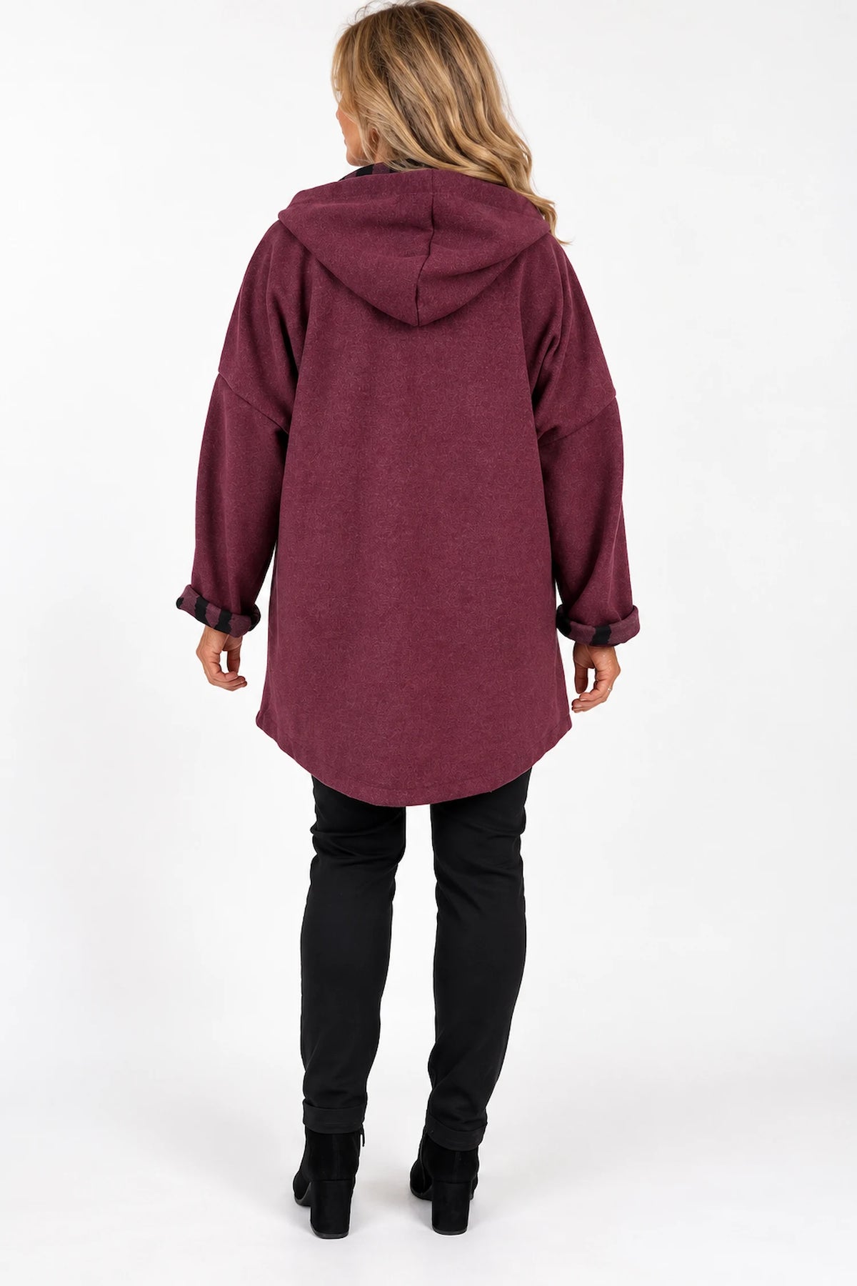 Double Pocket Zipped Contrast Animal Print Lined Valentina Brushed Hooded Coat - Italia Wine