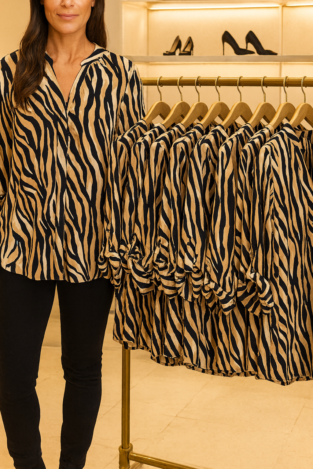 Soft Stitch Button Sleeve Cari Shirt - Beige/Black/White