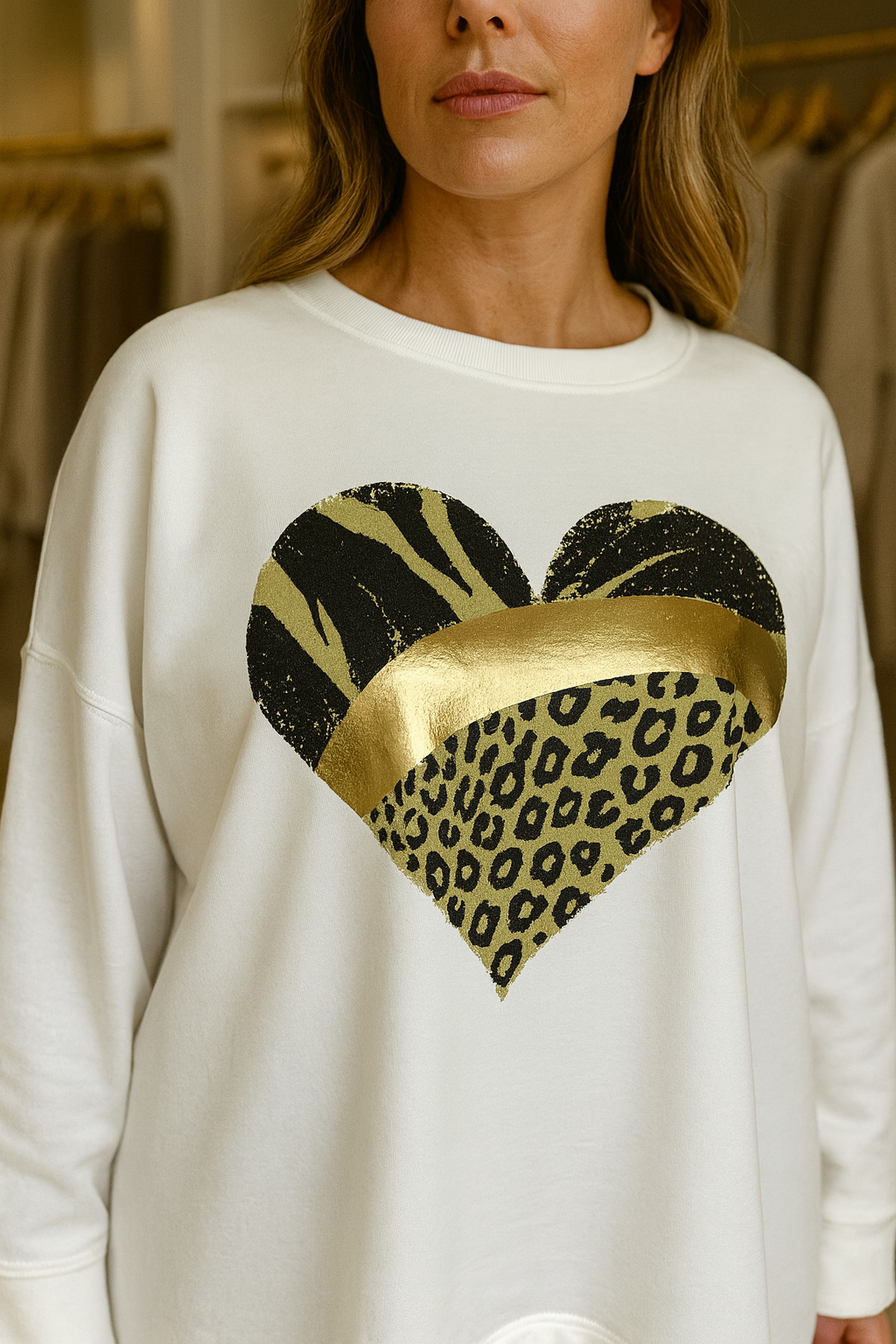 Metallic Animal Print Heart Varsia Sweatshirt - Off White