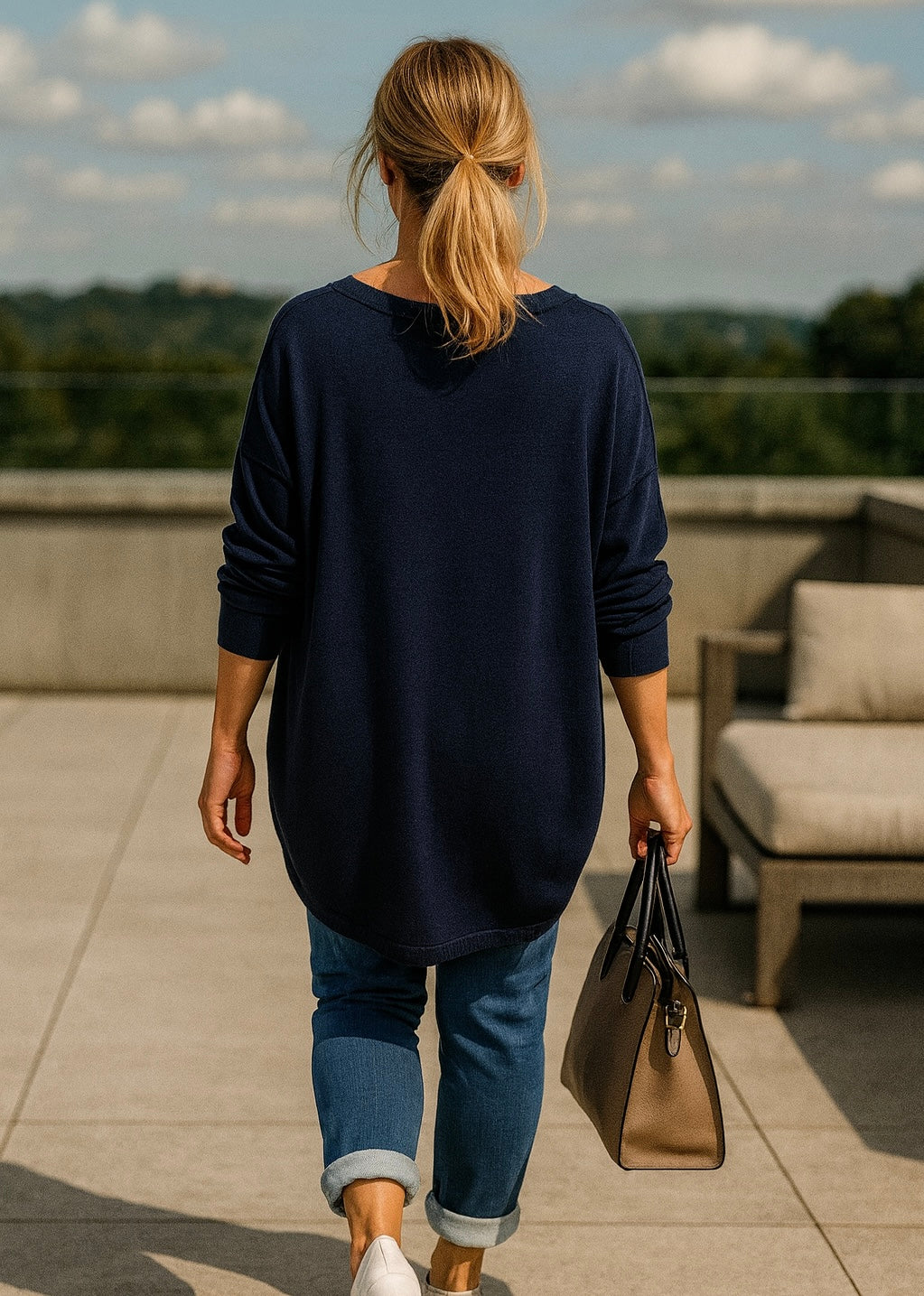Soft Knit Silver Line Diana Necklace Top - Navy