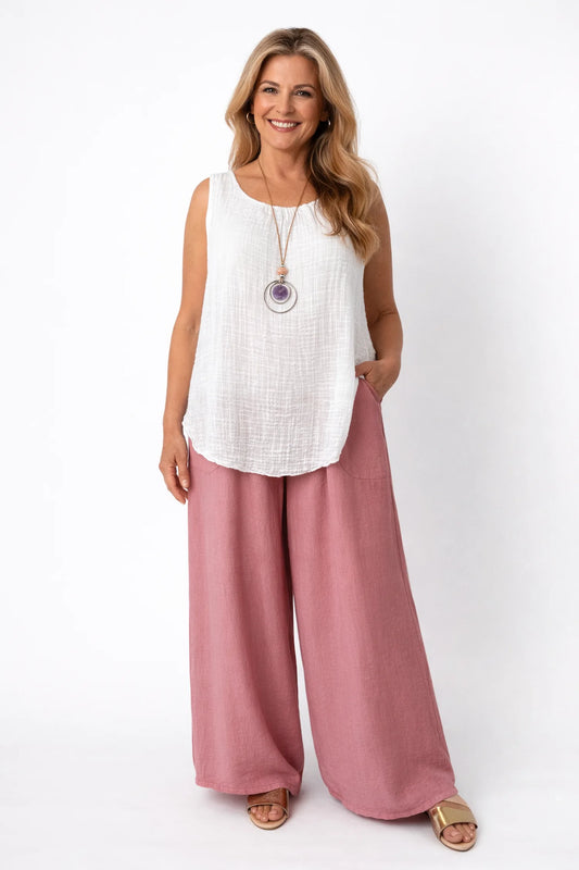 Elasticated Smocked Waist Patch Pocket Milan Wide Leg Pants - Vintage Rose