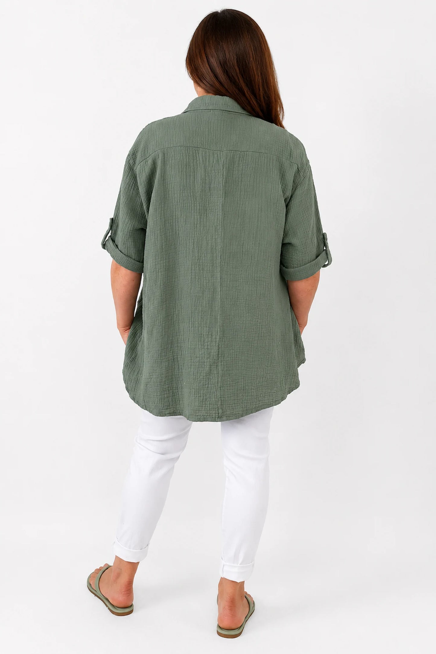 Pure Bubble Cotton Embroidery Anglaise Daphne Button Sleeve Shirt - Khaki