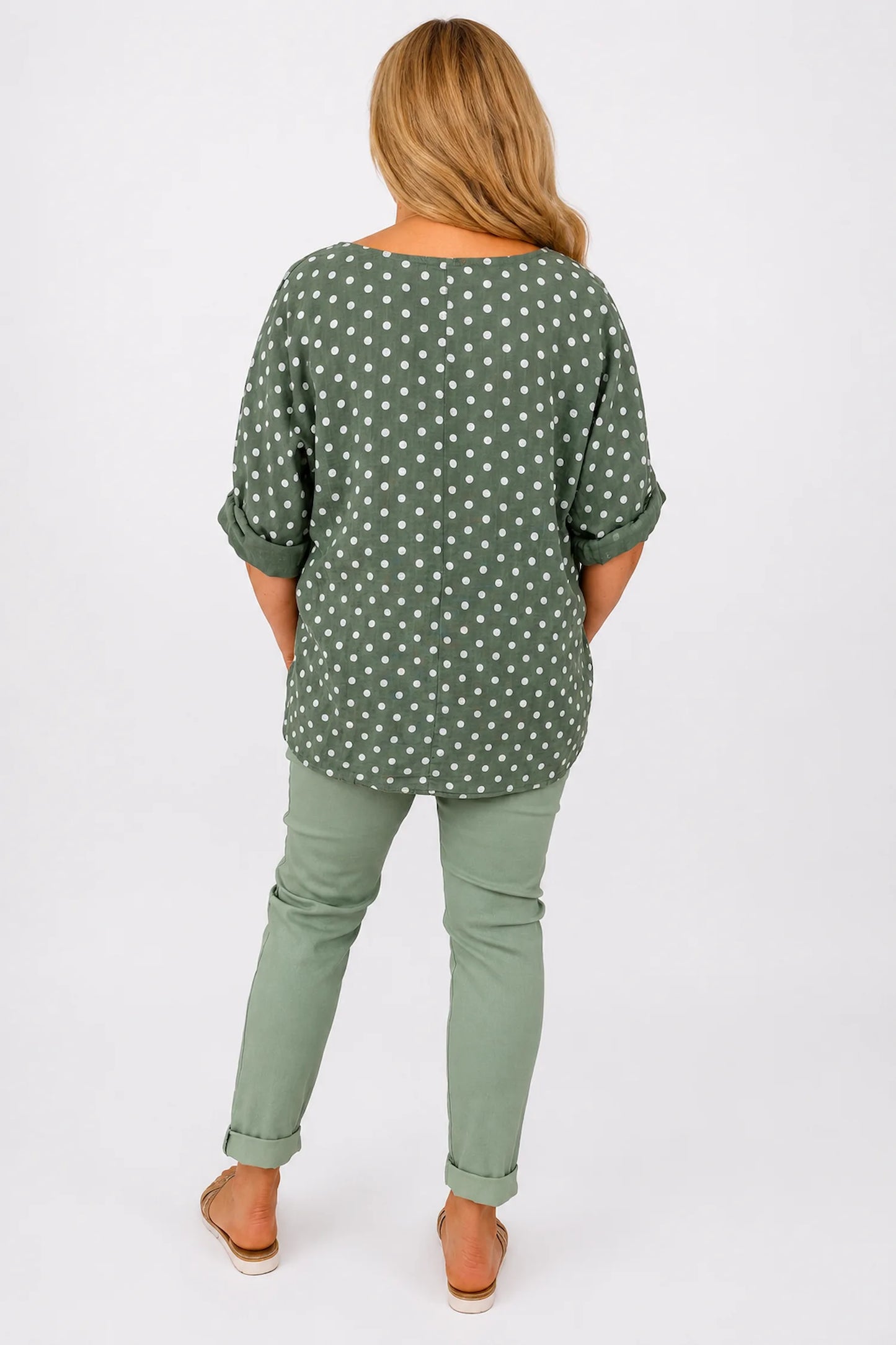 Pure Cotton Polka Dot Mari Necklace Top - Khaki