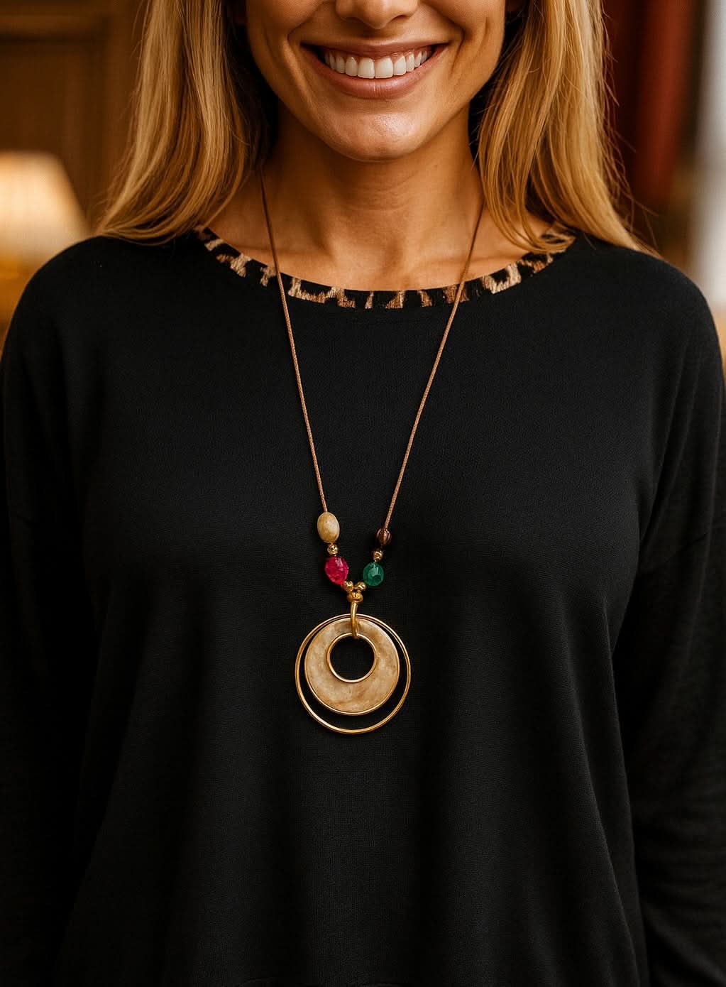 Soft Knit Leopard Trim Keri Necklace Top - Black