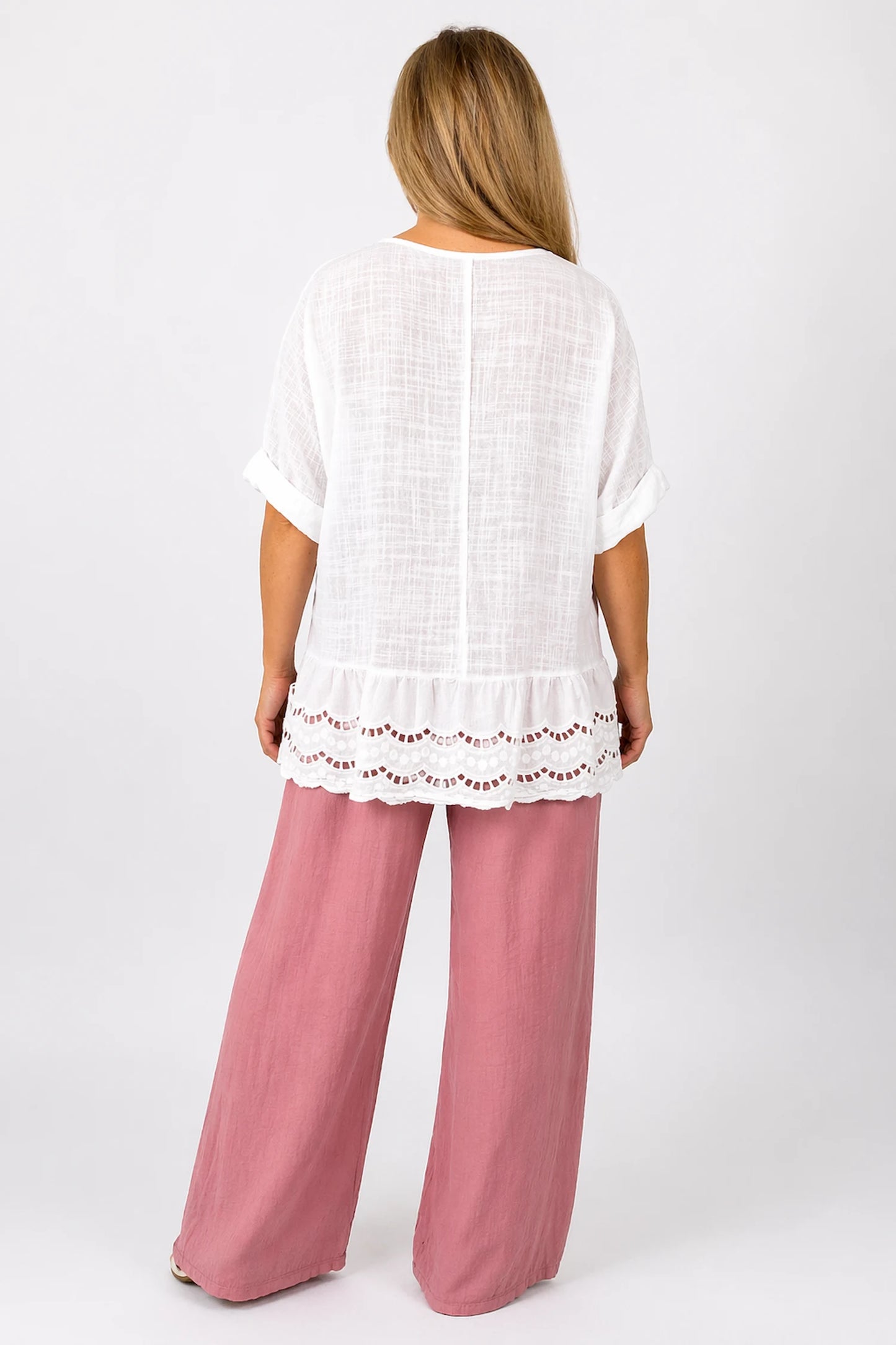 Pure Cotton Embroidery Anglaise Crochet Hem Caprina Top - White