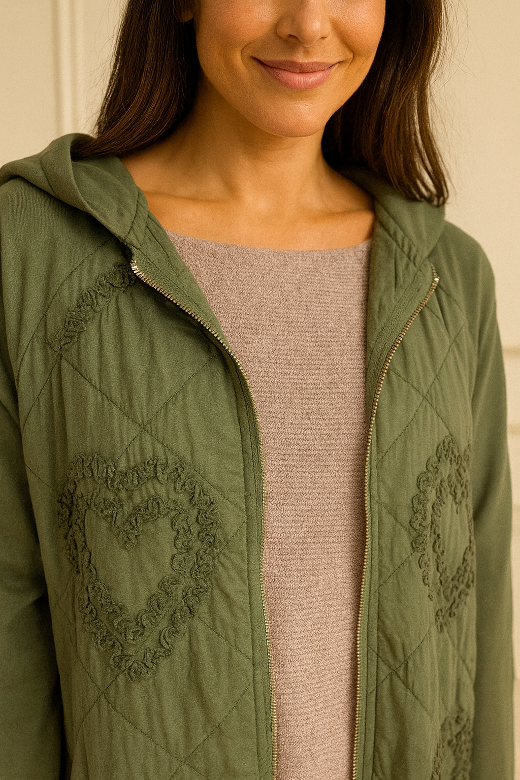 Cotton Embroidered Heart Amélie Hooded Jacket - Khaki
