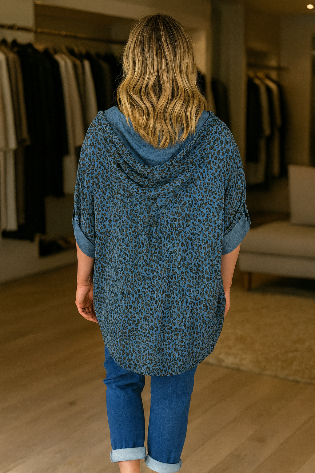 Light Weight Premium Stitch Zipped Button Sleeve Amari Leopard Print Jacket - Denim