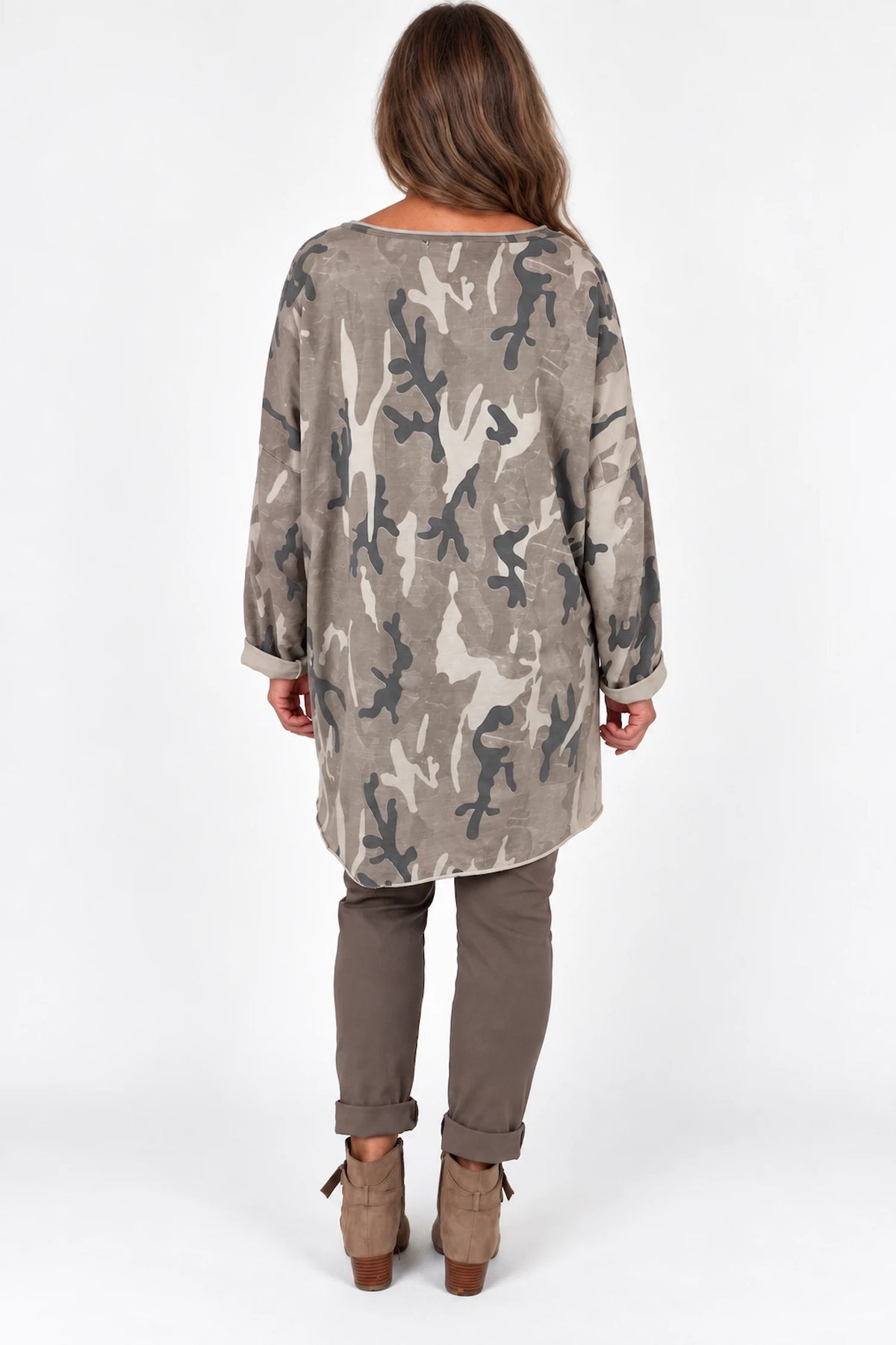 Cotton Raw Edge Hem Catia Camo Necklace Top - Beige