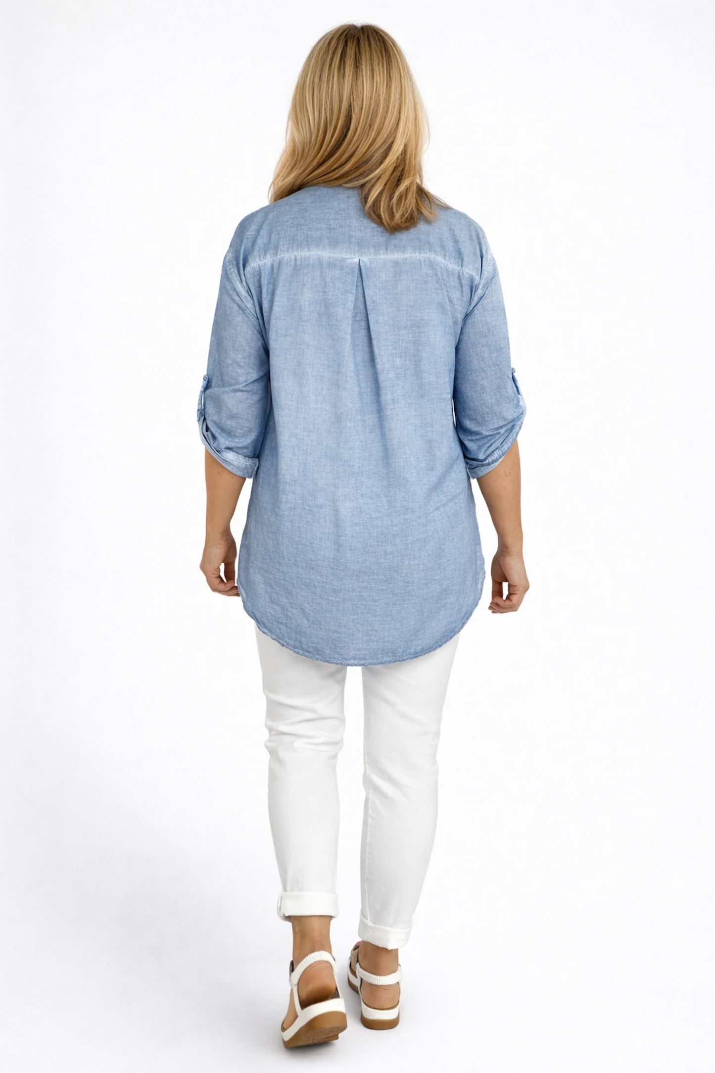 Cotton Button Sleeve Embroidery Anglaise Detail Tatiana Button Shirt - Washed Denim