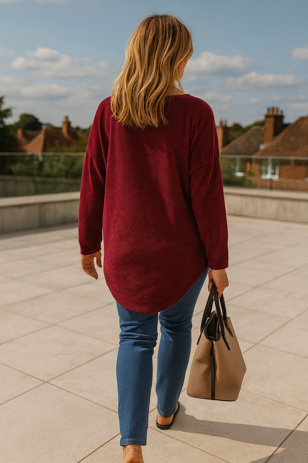 Chenille Paris Pocket Detail Necklace Top - Red Wine