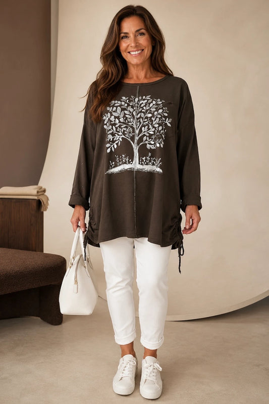 Cotton Diamanté Florence Tree Pocket Detail Tied Side Top - Chocolate