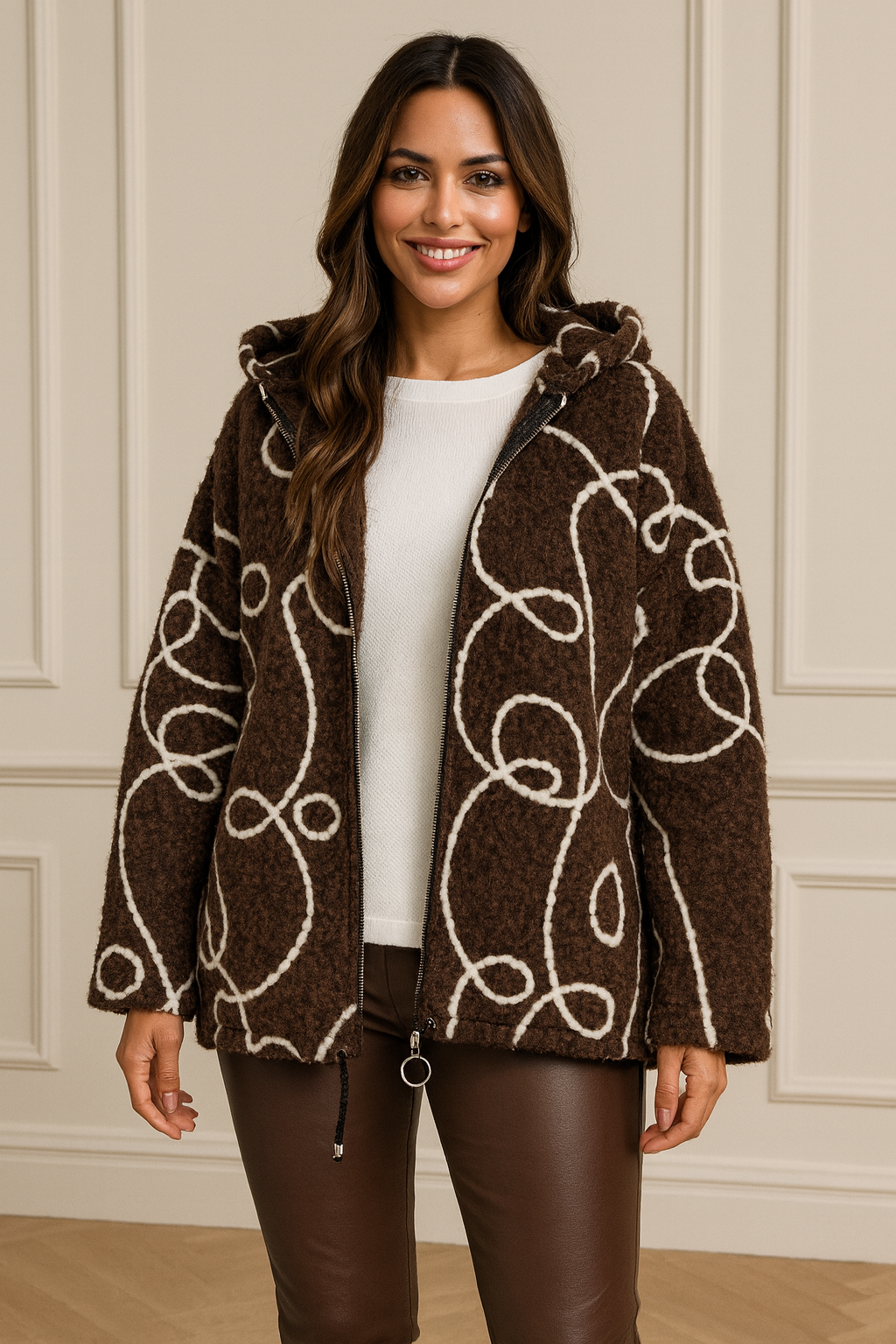 Wool Mix Embroidered Cara Double Pocket Zip Hooded Jacket - Chocolate
