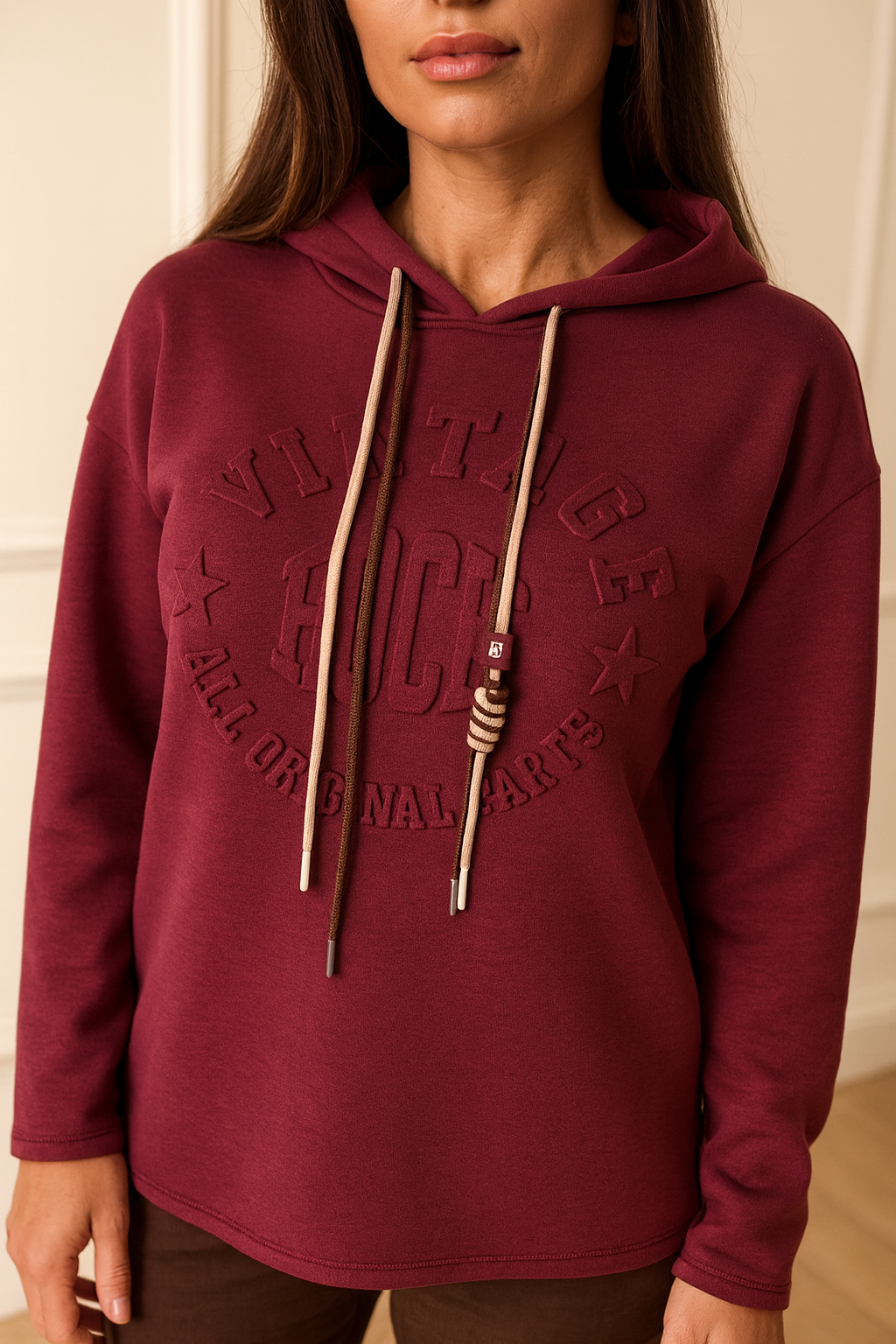Vintage Embossed Double Drawstring Lightweight Hoodie - Wine