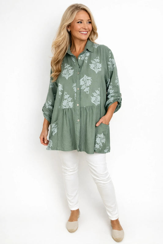 Button Sleeve Floral Double Pocket Chiara Button Shirt - Khaki