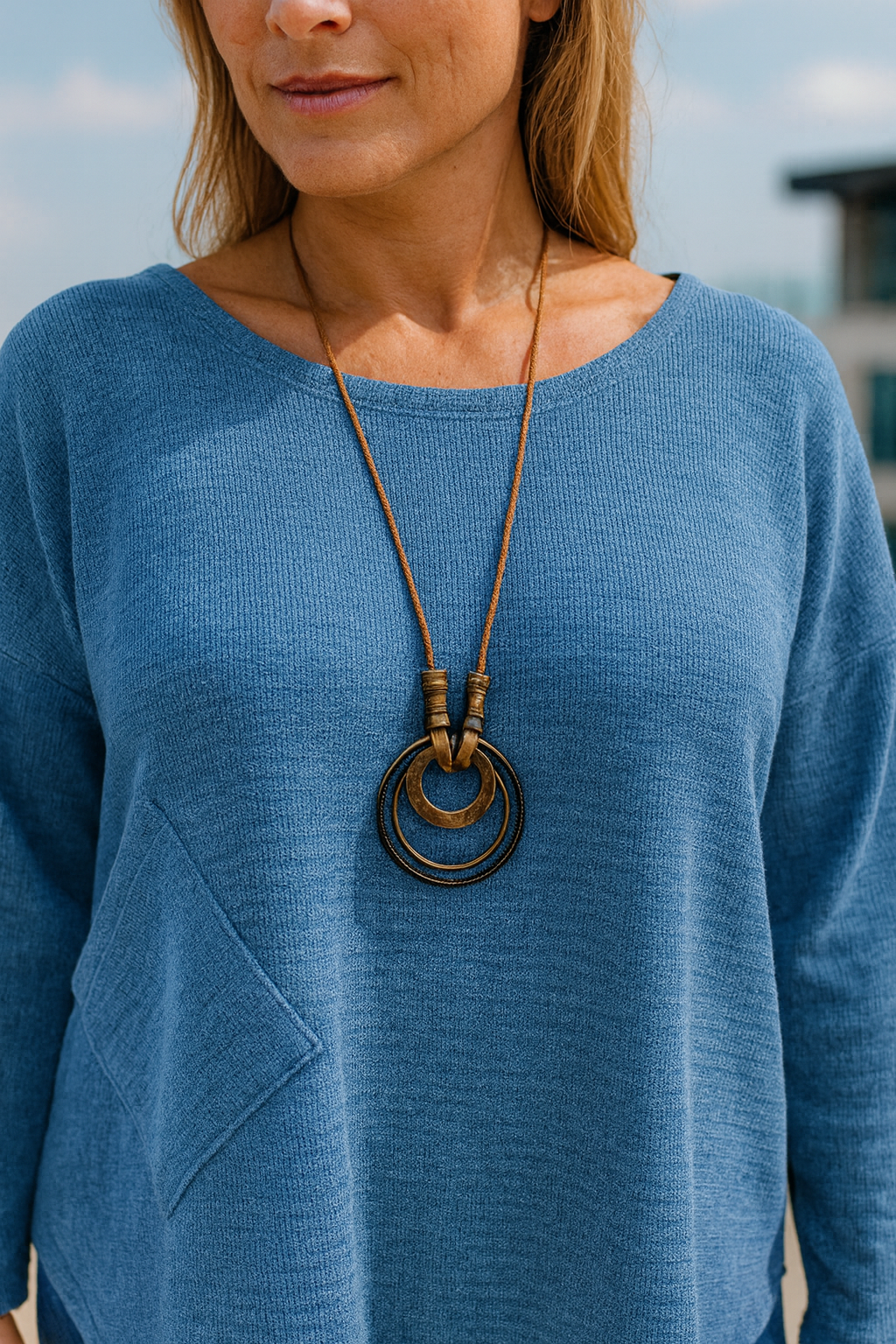 Chenille Paris Pocket Detail Necklace Top - Denim