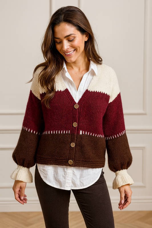 Premium Knit Gold Button Vitala Cardigan - Oatmeal/Wine/Chocolate