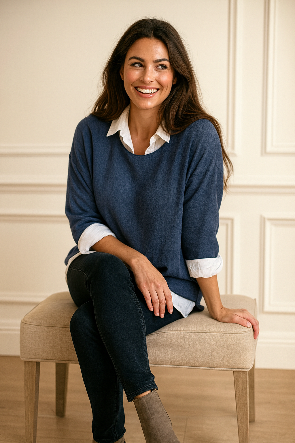 Cotton Mix Two in One Fleur Top - Dark Denim