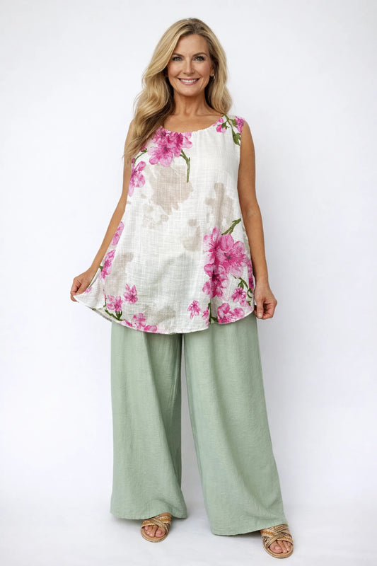 Linen Look Pure Cotton Fully Lined Floral Piali Vest - Fuchsia Petal