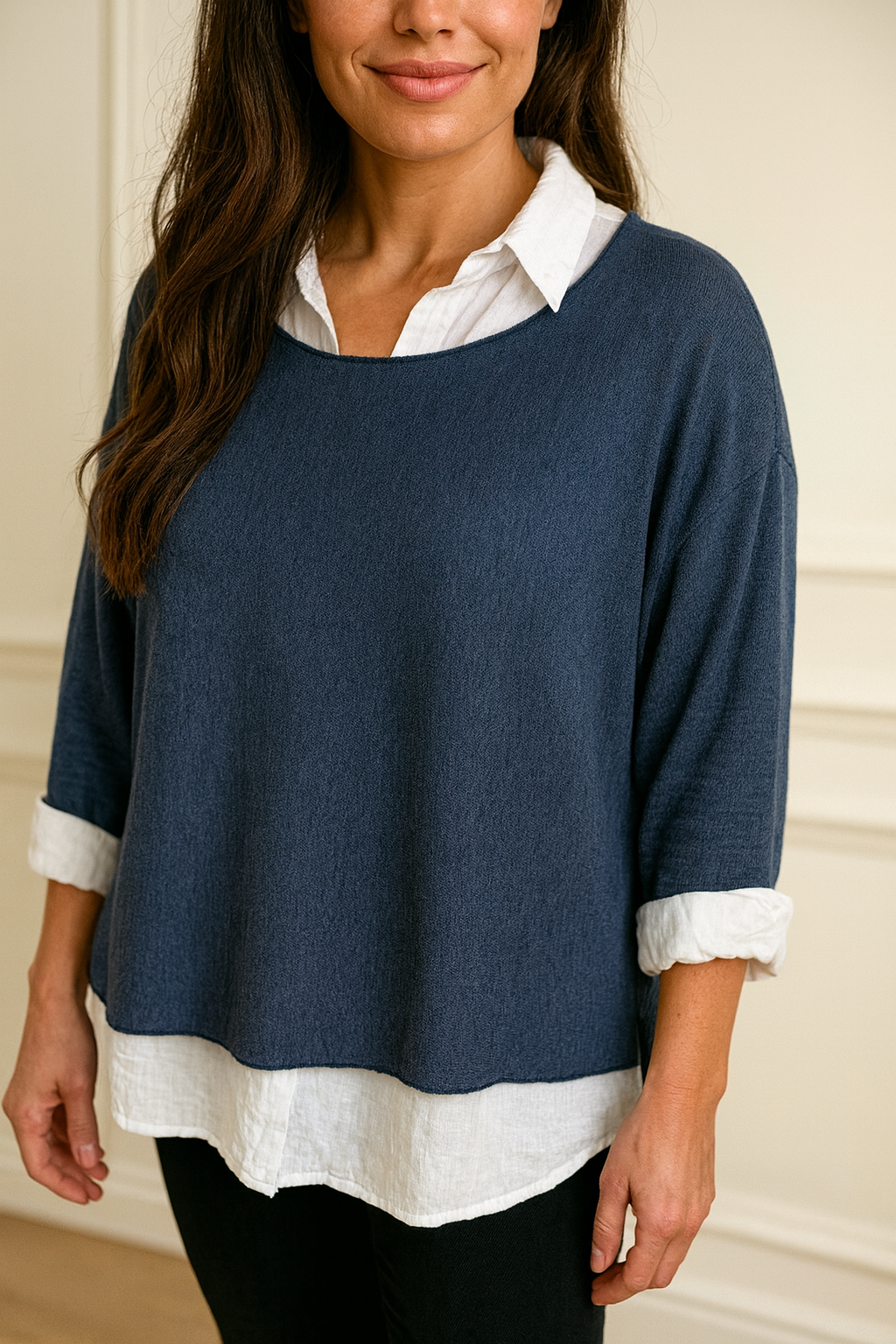 Cotton Mix Two in One Fleur Top - Dark Denim