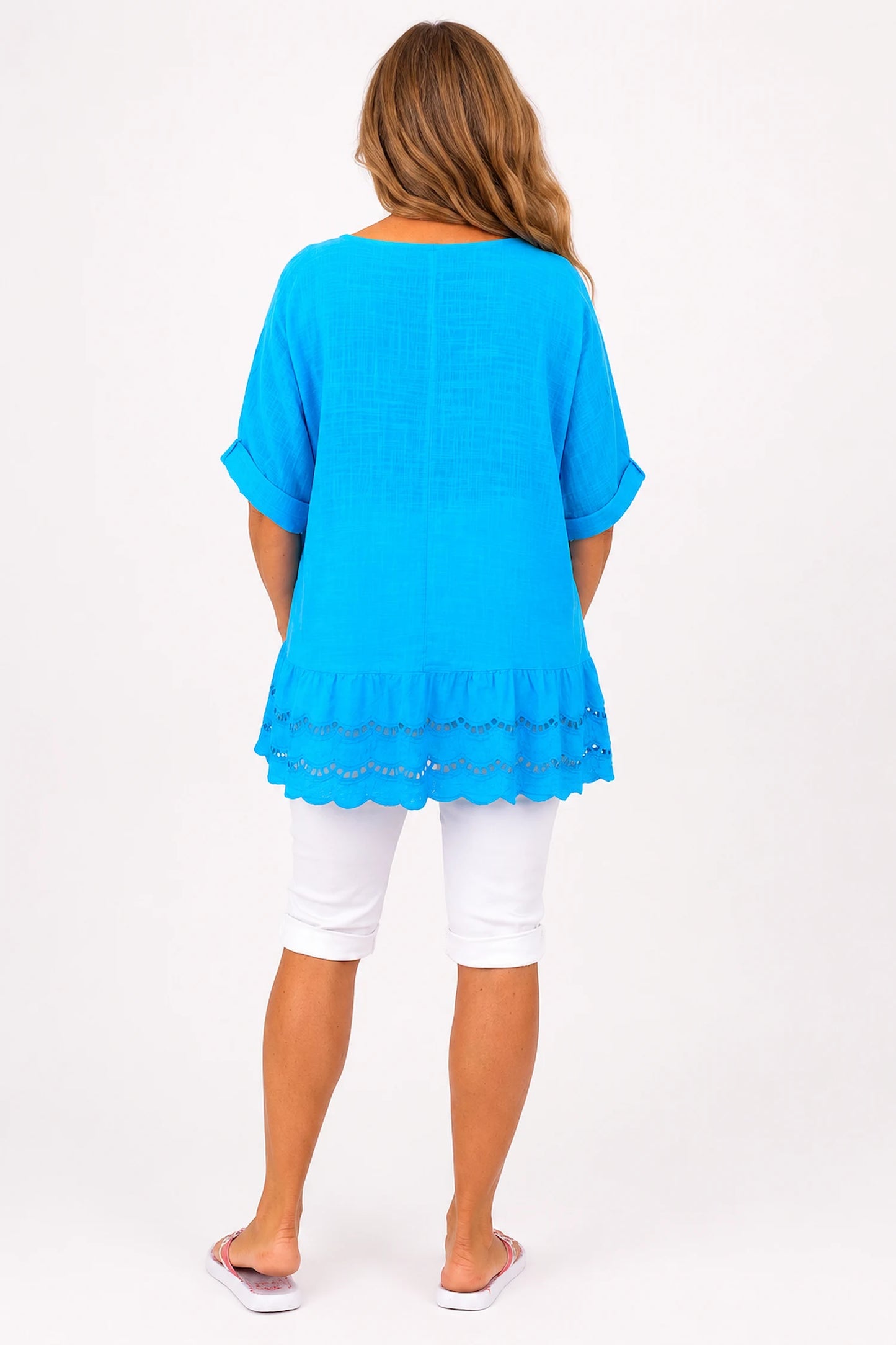 Pure Cotton Embroidery Anglaise Crochet Hem Caprina Top - Turquoise