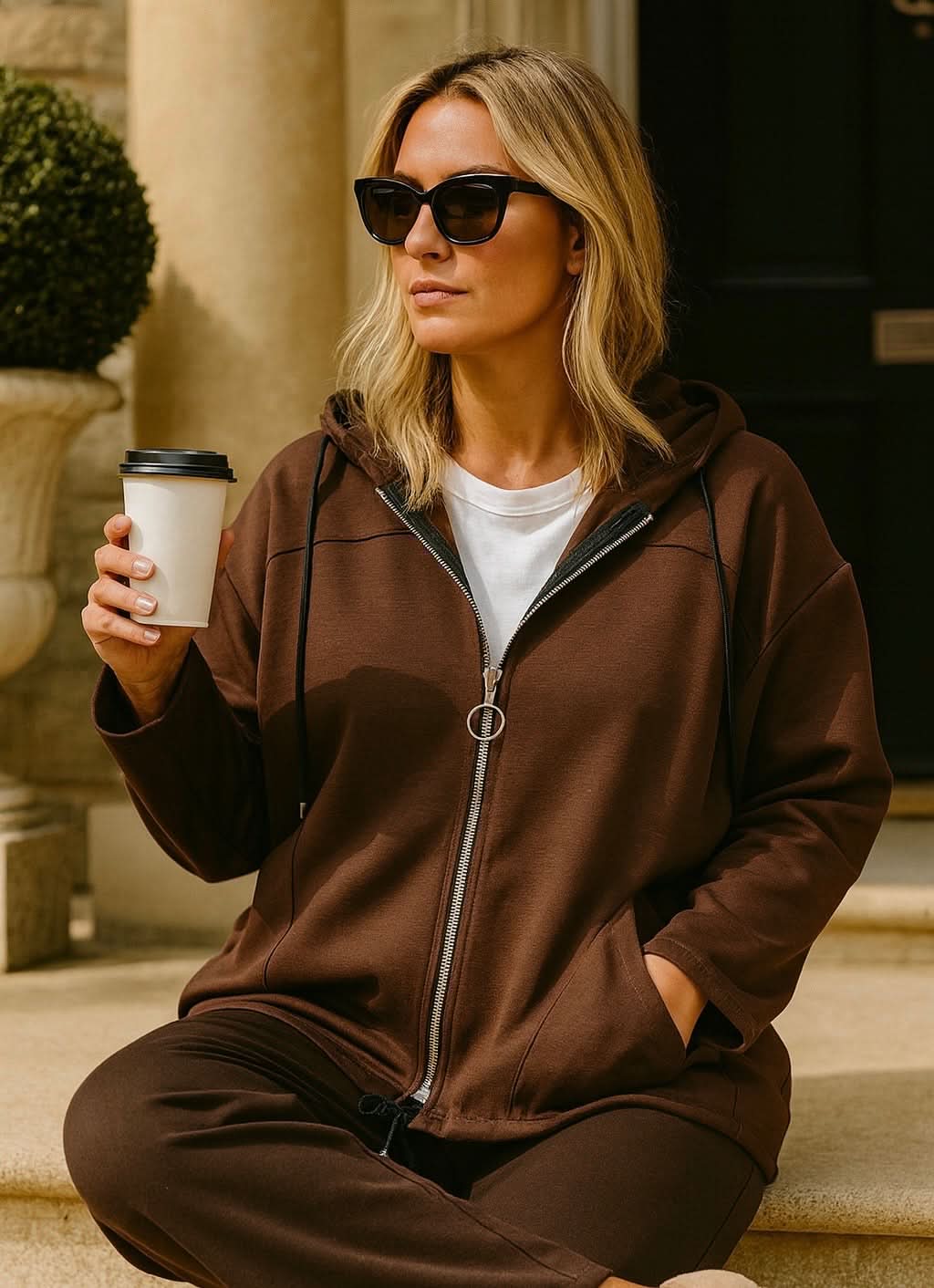 Double Pocket Tie Bottom Detail Zipped Hooded Madeleine Jacket - Chocolate