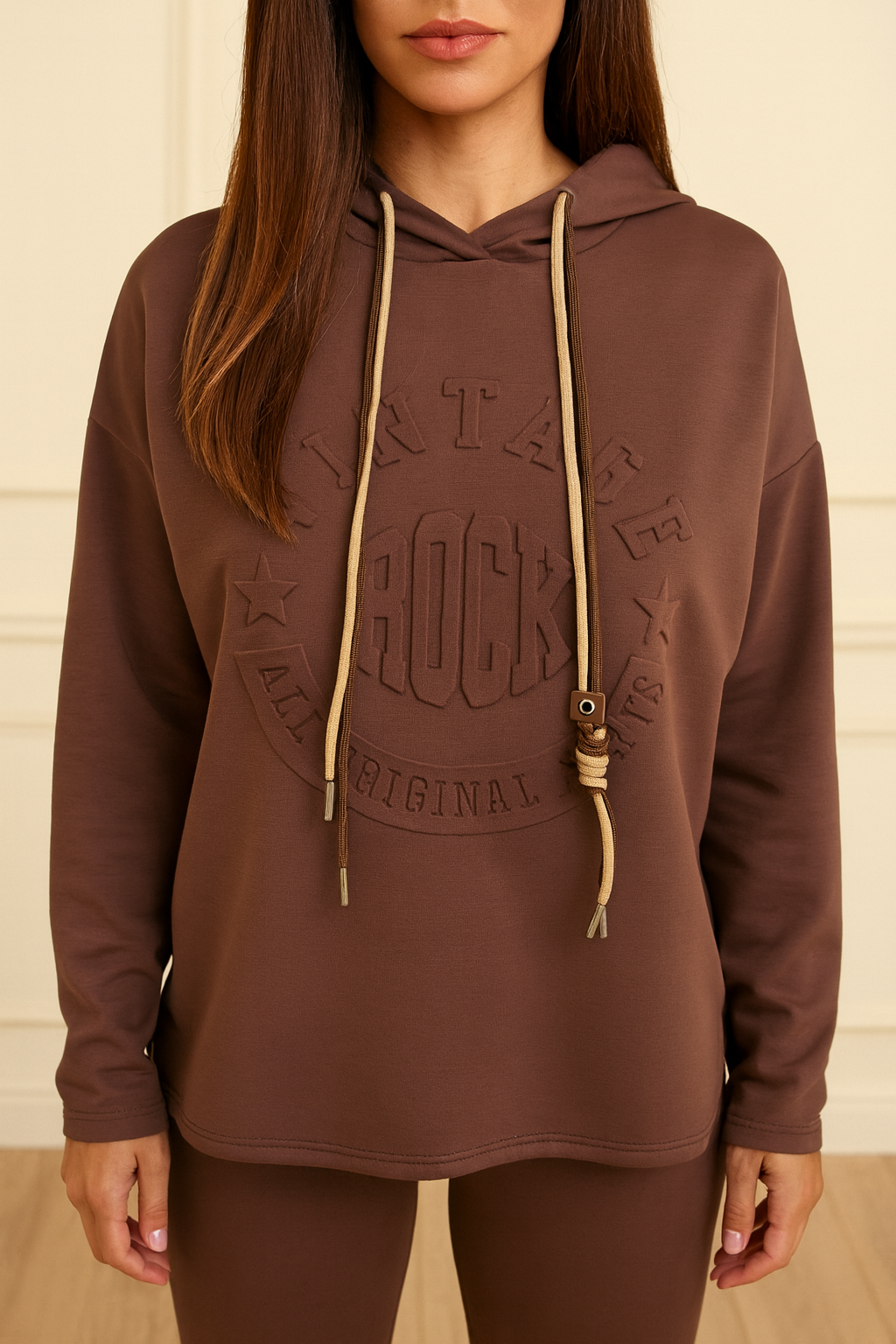 Vintage Embossed Double Drawstring Lightweight Hoodie - Chocolate